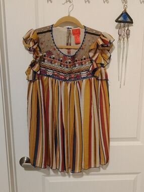 V Cristina Boho Mustard Multi-Stripe Embroidered Ruffle Top